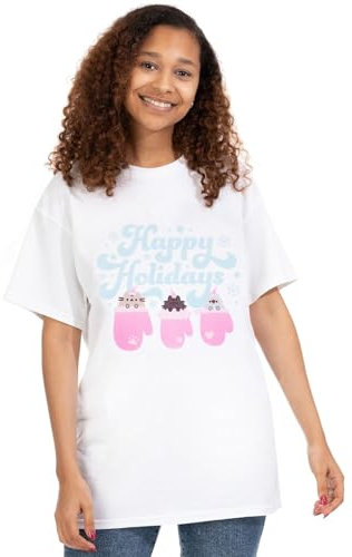 Pusheen Christmas Womens T-Shirt | Ladies Happy Holidays Short Sleeve Seasonal Graphic Tee for Adults | Stormy Pip Cartoon Cats Mittens White Short-Sleeve Xmas Top | Merchandise Gift for Her