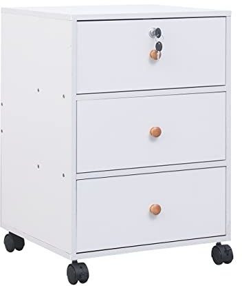 NICEME Mobile File Cabinet with 3 Drawers Under Desk Storage Unit with Lock (Only Top Drawer),Office Drawer Pedestal, Assembly Required (3 Drawers, White)