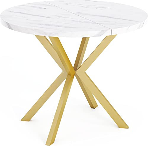 WFL GROUP Runder Ausziehbarer Golden Esstisch - Loft Style Tisch mit Metallbeinen - 120 bis 200 cm - Industrieller Quadratischer Tisch für Wohnzimmer - Spacesaver - Weißer Marmor - 120 cm