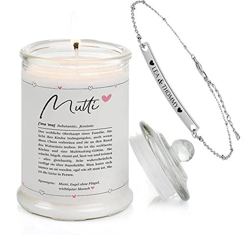 Himmelsflüsterer - Schmuckkerze Nr.1 Definition als Muttertagsgeschenk - Groß | inkl Armband mit Gravur | Duft: Vanille | 100% Sojawachs | 100h lange Brenndauer | 400g Wachs | Handgemacht