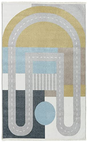 RugVista, Play Track, Kinderzimmer Teppich, 100 x 160 cm, Kinderteppich für Kinder, Spielteppich, Modernes Design, Kurzflor, Oeko TEX 100, Keine schädlichen Stoffe, waschbar 30°C, Hell Grau/Blau