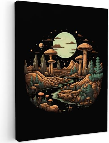 MuchoWow© Wandbilder 30x40 cm Wohnzimmer Wanddeko Schlafzimmer Zimmerdeko Fotowand Zimmer Deko Wand Dekoration Wall Art Retro - Pilze - Mond - Pflanzen - Berge - Schwarz