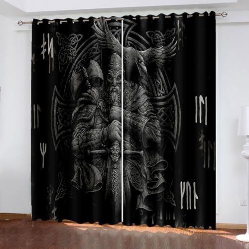 WIKINGER Vorhänge mit ösen 2er Set B 150 X H 166 cm 3D Odin Gardinen Blickdicht Kälteschutz Schallschutz Verdunkelung Wärmeisolierende Vorhang für Wohnzimmer Schlafzimmer