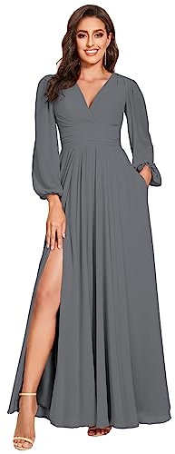 vintys Women's V Neck Bridesmaid Dresses Long Sleeves Pleated Split Chiffon Formal Evening Party Dress for Wedding VT001, grey, 14