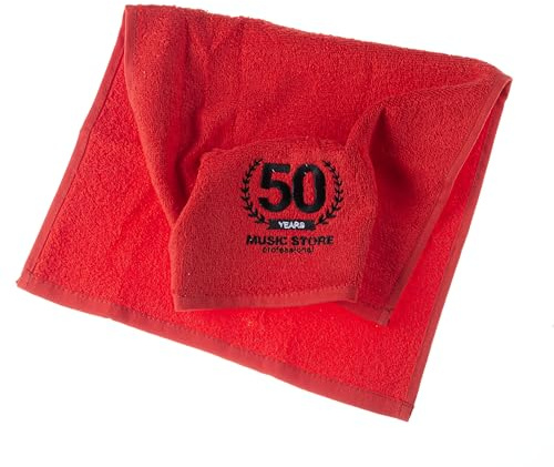 Music Store 50th Anniversary Drummer Handtuch, Rot, 30x50cm, Hochwertiges Polyester, Perfekt für Musiker, Kompakt, Leicht Verstaubar, Edle Stickerei, Drums Zubehör