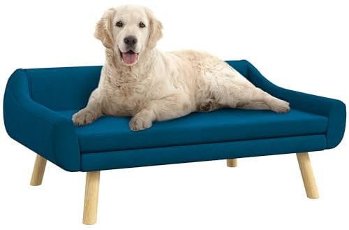 PawHut Canapé pour Chien Chat Design scandinave Coussin Moelleux Amovible Tissu Aspect Velours Pieds Bois Massif 102L x 58,5P x 42,5H cm, Bleu