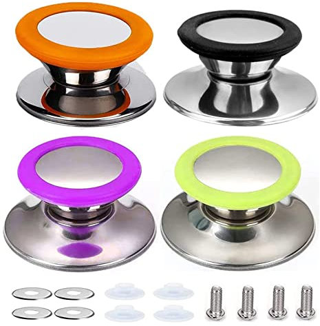 Asa para Tapas de Ollas de Cocina, Perilla de Tapa de Olla, 4 Piezas Perilla de Reemplazo de Tapas, con Tornillos para Tapadera Utensilios de Cocina de Repuesto (Púrpura, Negro, Verde, Naranja)