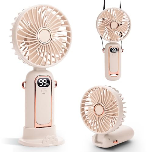 Yeahchic Handheld Fan, Portable USB Desk Fan with 5 Speeds, Rechargeable Mini Fan with LED Display for Stylish Girl Women Men Home Office Travel - Beige