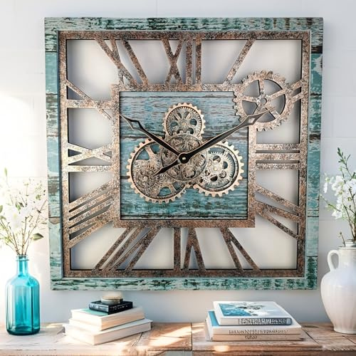 ImprovingLife The Gears Clock Quadratische Wanduhr mit 61 cm Zahnrädern Bewegliche Zahnräder Rustikaler industrieller Retro-Stil Türkisgrün