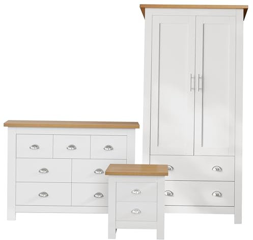 Blisswood 3 Piece Bedroom Furniture Set, 2 Door Wardrobe & 4+3 Drawer Chest of Drawer + 2 Drawer Bedside Table Cabinet Bedroom Set for Bedroom Storage furniture (White & Oak)
