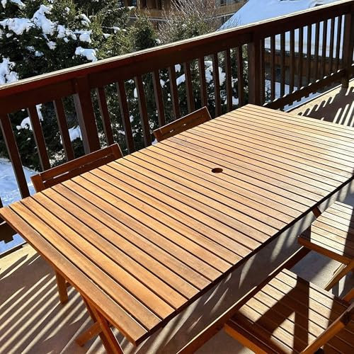 JJ. Table de Jardin en Bois Pliante 150 cm June - 4/6 pers. Plateau de 150 x 80 cm Idéal pour 4 à 6 Personnes Trou prévu pour Un Parasol Bois Naturel Clair