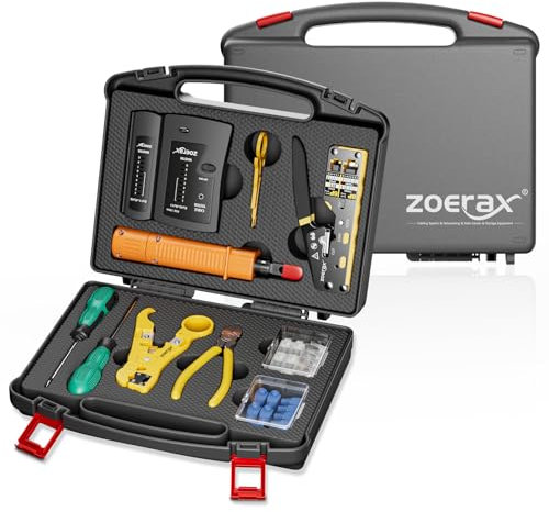 ZOERAX - Kit di strumenti di rete professionale 11 in 1 per crimpare RJ45 – crimpatrice passante, tester RJ45, strumento di perforazione 110/88, spelafili, taglierina, connettori passa-through Cat6 e
