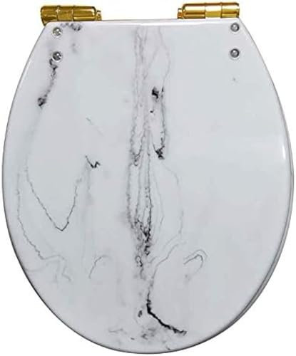 Abattant de WC en résine avec Couvercle, charnières en Chrome Poli, Fermeture silencieuse, sièges de Toilette à Motif marbre, Facile à Nettoyer, Blanc, doré