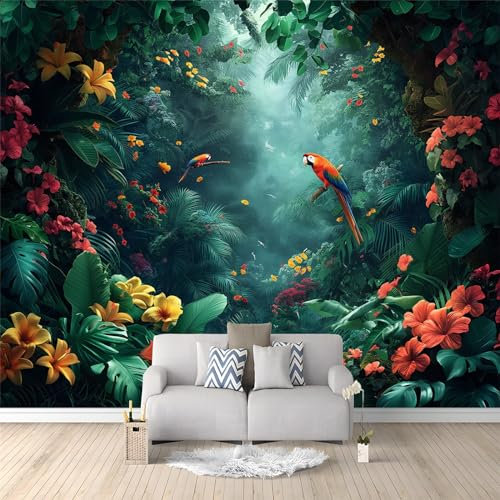 Fantasy Rainforest Forest Theme Photo Wallpaper - 300 x 210 cm Non-Woven Premium Fleece Wall Mural - Exotic Flowers and Parrots Art Print Bedroom Living Room Decoration Poster