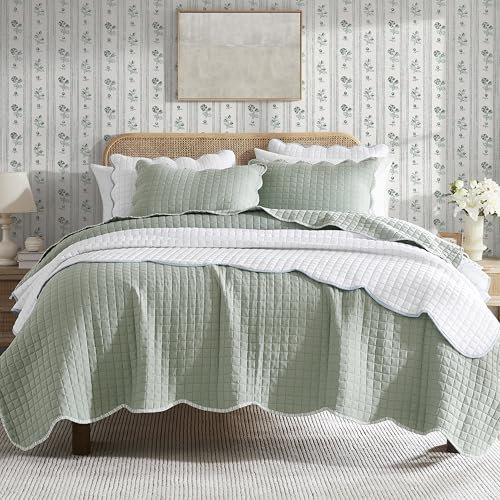 WDCOZY Bettwäsche-Set für Doppelbett, Seafoam, gewellt, Landhausstil, rustikal, leicht, weich, für alle Jahreszeiten, niedliche, gemütliche Kantha-Tagesdecke, 1 Kissenbezug