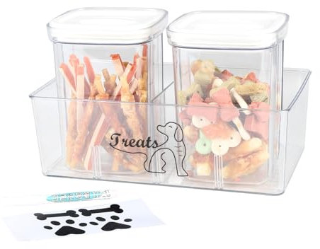Ctomche Dog Treat Container,Airtight Dog Treat Jar,Dog Food Storage Container with 2 Plastic Dog Treat Jars,Dog Treat Storage Box for Canned Food,Cat Dog Treat Tin,Pet Food Container with Sticker