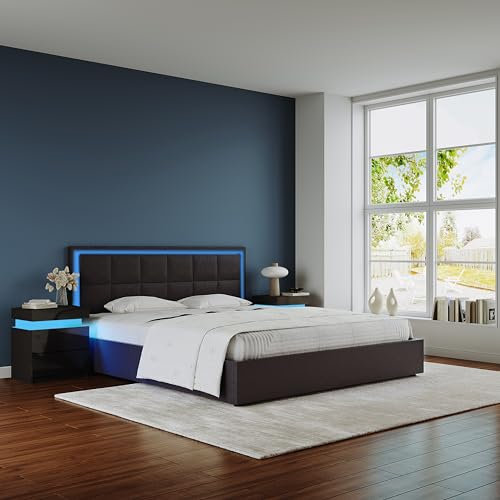 Ottoman Bed, 4ft6 Double Ottoman Lift Storage Bed with LED Lights Faux Leather Upholstered Bed End Lift Ottoman Under Bed Storage Bedroom Furniture Black
