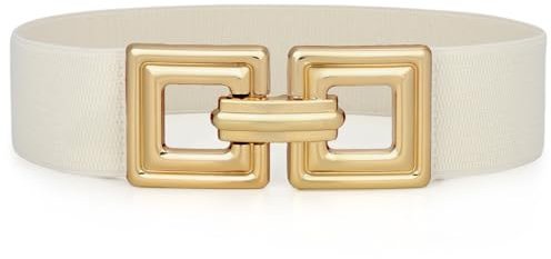WHIPPY Damen Breiter Elastischer Taillengürtel Stretchy Gürtel für Kleid dehnbarer Hüftgürtel Mode Quadratischer Gold Schnalle,Beige 70cm