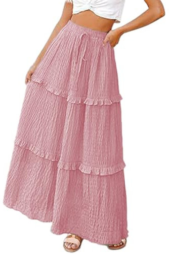 Onsoyours Gonna Estiva da Donna in Cotone Stile Boho retrò Maxi Gonna Lunga con Vita Elasticizzata Tinta Unita Balza Gonna a Pieghe E Rosa L