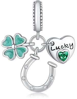 Alstiva Vierblättriger Kleeblatt & Hufeisen und Glücksanhänger 925 Sterling Silber 5A Zirkonia Charm Anhänger für Armband Charm Bead Pendant für Europäische Armbänder Halsketten Damen Geschenk