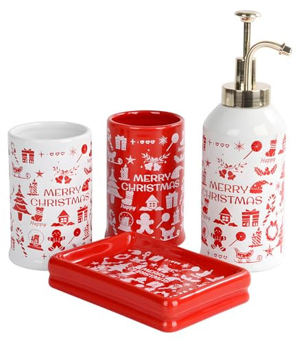 Santentre Weihnachten Badezimmer Set 4 Teile – Seifenspender, Zahnbürstenhalter, Becher, Seifenschale, Keramik Badezimmer Zubehör Set, Farbkontrast Dekorative Seifenspender Set, Frohe Weihnachten