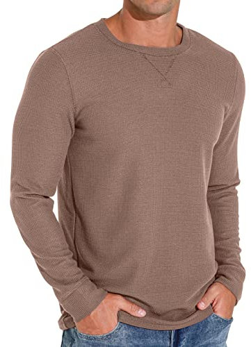 Sailwind Mens Waffle Crew Neck Casual T-Shirt Long-Sleeve Tops Casual Sweatshirt (Dark Khaki, L)
