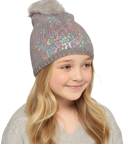 A2Z 4 Kids Girls Sequin Bobble Knit Pom Hat Warm Winter Age 3-10 Years | Soft fleece headwear for chilly days outdoor trips and daily comfort