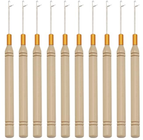 10 Stück Ziehhaken, kleine Knüpfnadeln, Häkelnadeln, Haarverlängerungen, Schlaufennadel, Dreadlocks, Häkelnadel, Bastelgarn, Nadelhaken mit Holzgriff