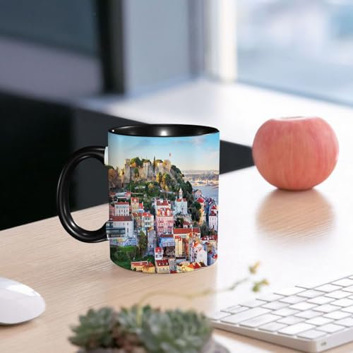 SDAEMQ Tasse Kaffeetassen,Burg Sao Jorge in Lissabon, Portugal,Große 330ml Mit Henkel 100% Handbemalt Trinkgläser Keramik,versch. Frauen,Jahrestag,Muttertag