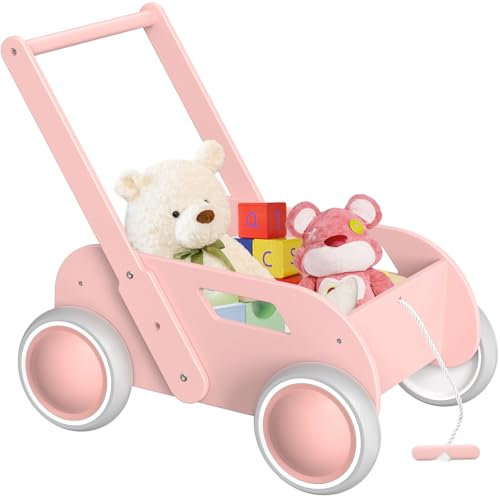 Lauflernwagen Holz, Baby Lauflernhilfe für Junge und Mädchen, Toddler Push & Pull Lauflernspielzeug, Kinderwagen aus Holz, Baby Walker mit Rädern, Geschenk für Geburtstag Weihnachten, Rosa