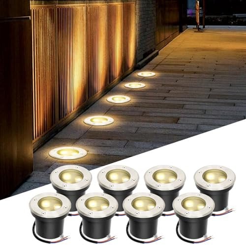 Fiqops 8er Set Bodenstrahler außen mit LED 3W Warmweiß Lich IP65,Bodeneinbaustrahler aussen Schwarz matt rund,Bodenleuchten befahrbar 230V,Bodeneinbauleuchten für Boden Garten Pool Pflanzen