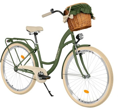 MILORD Damenfahrrad Citybike Komfort Mit Weidenkorb Vintage Fahrrad, 26, 28 Zoll, 1-Gang (Khaki, 28 Zoll)