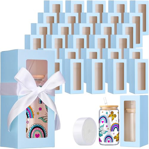 FillTouch 60 Pcs Gift Boxes with Ribbon for Sublimation Glass Exhibition Transparent Tumbler Gift Boxes for 12oz 16oz 20oz Glass Jar Shipping Packaging(Blue)
