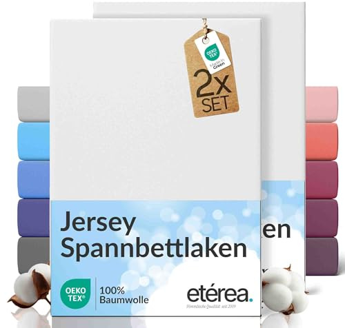 etérea Jersey 2er Set Spannbettlaken 100x200cm - 120x200cm Weiss bis 25 cm Höhe - 100% Baumwolle Spannbetttuch Oekotex - Doppelpack Bettlaken 100x200 cm - 120x200 cm - White