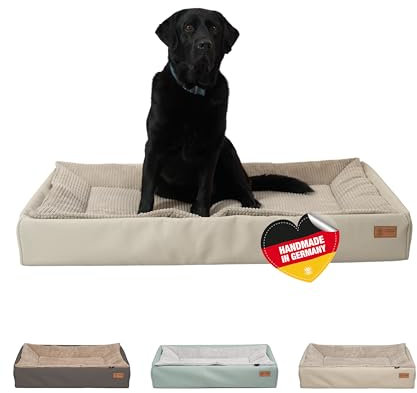 HS-Hundebett® Hundebett Kunstleder L (80x120 cm) – Dog Bed für kleine & große Hunde – Pflegeleicht & Formstabil – Waschbares Hundekörbchen & Hundesofa – Hygienisch & robust – Beige, Made in DE
