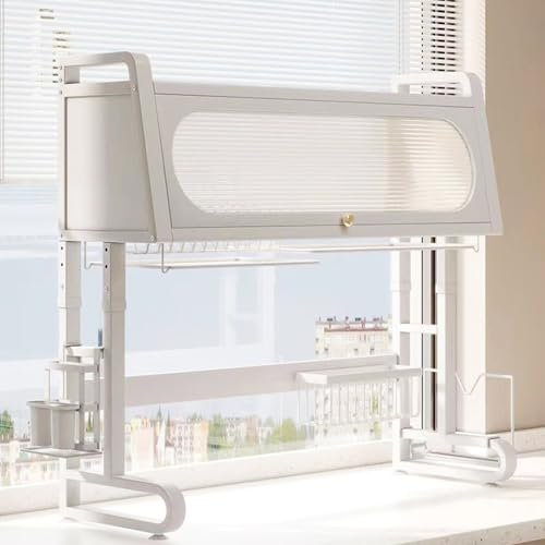 Escurridor de platos grande para fregadero con soporte para utensilios y cesta de almacenamiento, organizador de cocina multifuncional ajustable para un secado y almacenamiento eficientes