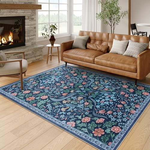 Moynesa Waschbarer Teppich mit Blumenmuster, Boho-Teppiche für Wohnzimmer, rutschfest, großer Esszimmerteppich unter dem Tisch, botanischer ultradünner Bodenteppich für Schlafzimmer, Heimbüro, Blau