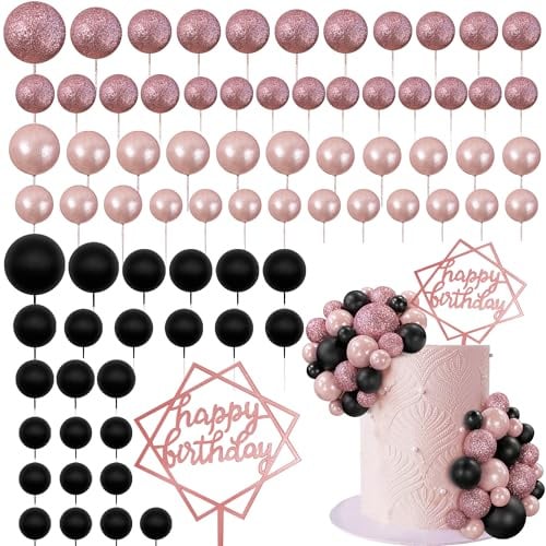 75PCS Cake Decorations Balls Colorful Cake Topper in Pearl Rose Gold Black for Wedding Birthday Party Bubble Balls DIY Decoration