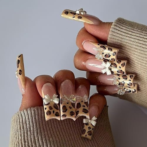 Leopard Print Press On Nails with 3D Bows – 24pcs Long Coffin French Tips, Reusable Acrylic Fake Nails for Party & Date Night