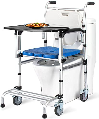 Dusch-Rollstuhl mit Essenstisch, höhenverstellbare mobile Toiletten mit 4 Bremsrädern, Nachttisch, Toilettenstuhl, Töpfchensessel, 150 kg Belastung, 4 Gänge