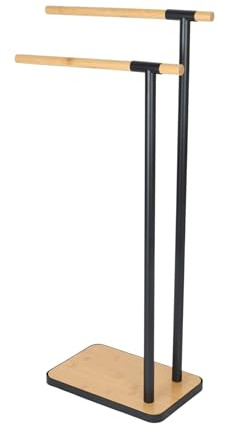 Relaxdays Towel Rack, Freestanding, Stand with 2 Rails, for Hand & Bath Towels, Bathroom, Steel & Bamboo, Natural/Black | Towel Stand with 2 Bars for Hand & Bath Towels, Steel & Bamboo
