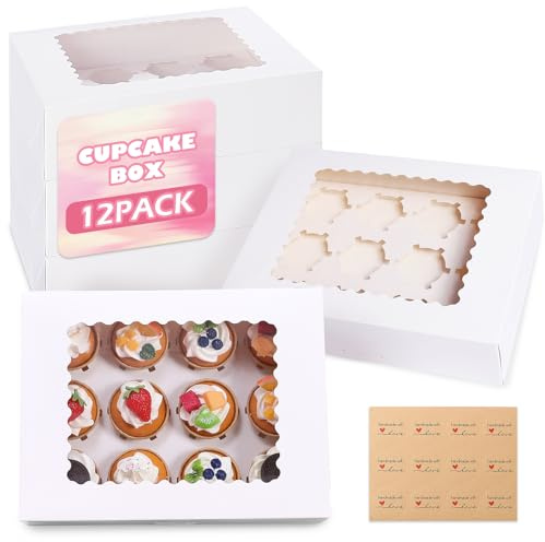 pupuluck 12 Pack Cupcake Boxes with Window, 12 Hole Insert, Easy Assemble | Holds 12 standard cupcakes securely with an insert, clear window and easy assembly, for transport, gifting and bake sales
