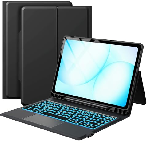 Für Samsung Galaxy Tab A11+/A9+ 11 Zoll Hülle mit Tastatur - Folio 7 Farbige Beleuchtete Tablet Cover mit Touchpad - Deutsches QWERTZ Layout Tastatur mit Stifthalter für Tab A11 Plus/A9 Plus 11