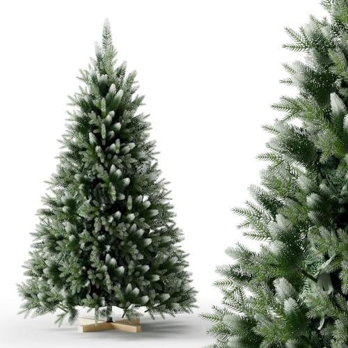 180cm Weihnachtsbaum Künstlich PVC+PE mit Schnee-Effekt、Kiefernzapfen，Tannenbaum Künstlich mit Christbaum Holzständer、Schnellaufbau Klappsystem，Nordmanntanne,Schwer Entflammbarer Christbaum
