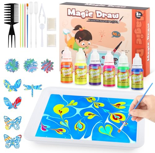 YARVPUV Kit Peinture Marbrée à l'eau, 6 Couleurs 8 Ornements en Bois, Kit Peinture Enfant 6-12 Ans, Fournitures d'Art Pour Peindre sur l'eau Loisirs Créatifs Jeux pour Filles et Garçons