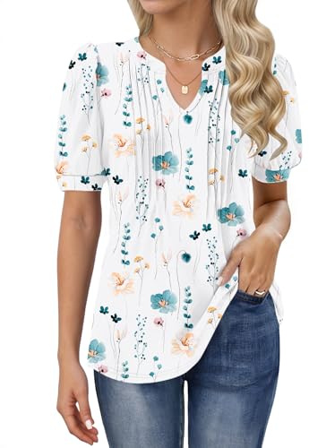 MOLERANI T Shirts for Women - V Neck Tops Loose Casual Puff Short Sleeve T-Shirt Front Pleated Blouse Elegant Flowers M
