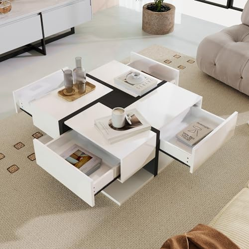 Ligterra Quadratisch Couchtisch, Sofatisch, Kaffeetisch, Beistelltisch, Tisch mit 4 Schubladen, Hochglänzende, Einzigartige Farbabstimmung & Liniendesign, Stauraum Unten, 78×78×36cm (Weiß)