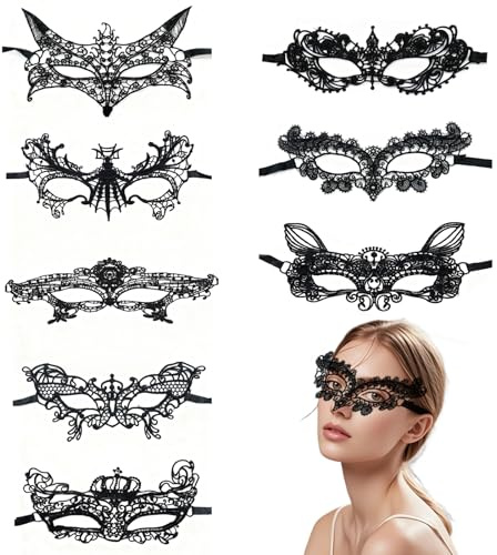 LAIVIYA Spitze Maske 8 Stück Venezianische Maske Damen Spitze Maskenball, Black Maskerade Schwarz Sexy Lace Augenmaske Masquerade für Frauen Gesichtsmasken für Karneval Abendkleid Tanz Ball Party