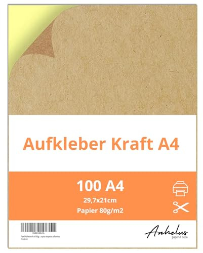 Papel Adhesivo para imprimir Kraft | 100 hojas A4 | Etiquetas adhesivas A4 | Tamaño 21x29,7cm | Papel adhesivo impresora inkjet y laserjet | Crea tus propias etiquetas adhesivas