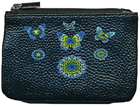 Petit Porte Monnaie en Cuir Porte cles Noir Papillon Bleu Vert